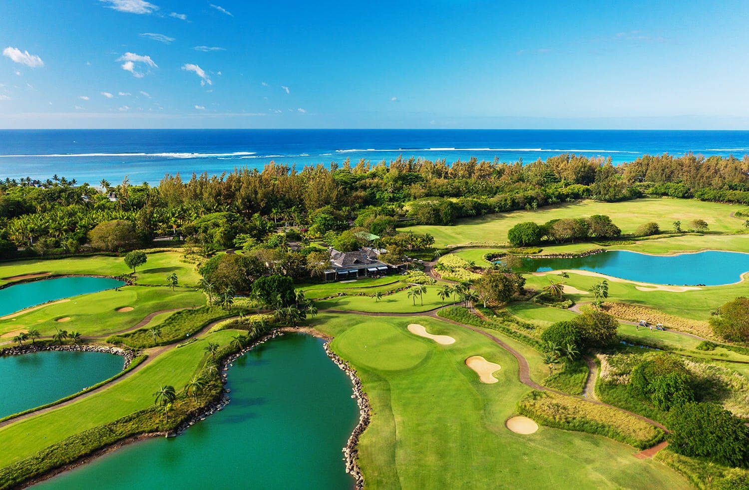 Aerial view of Le Château course at Heritage Golf Club, with the ocean behind