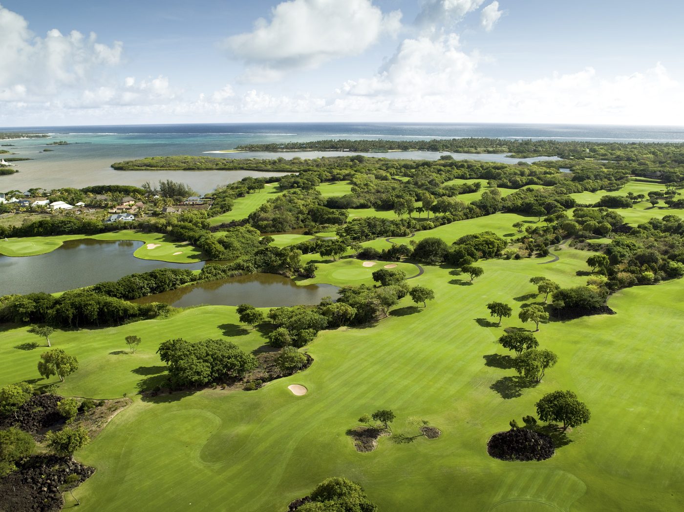 Aerial view of The Links course at Constance Belle Mare Plage and the east coast lagoon